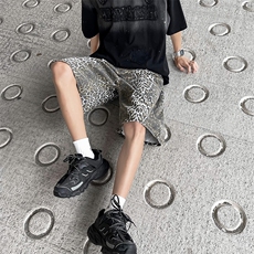 美式复古街头宽松阔腿豹纹短裤男女工装直筒五分裤子潮D38033-P43，男装牛仔裤，星座1008-1