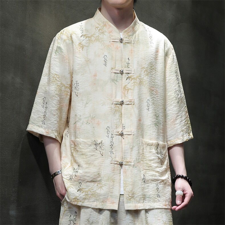 2025夏季新款风男装盘扣新中式唐装书法印花衬衫C107-P55,男装衬衫,电商B277(原6028)