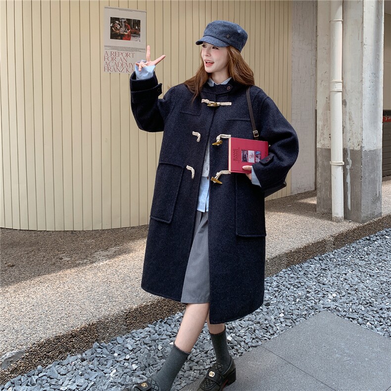 藏青色牛角扣双面呢羊毛大衣女秋冬2025新款高级感独特巨好看外套,女装毛呢外套,2C209