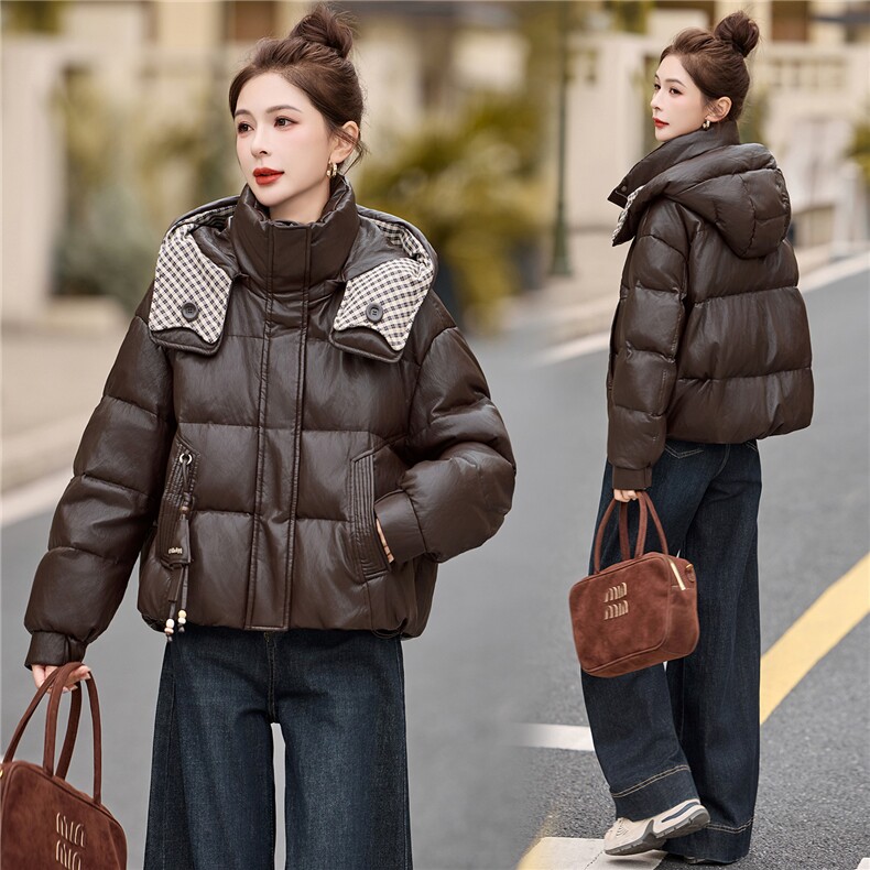 2025年冬季pu皮90白鸭绒连帽羽绒服,女装羽绒服,艾尚靓装