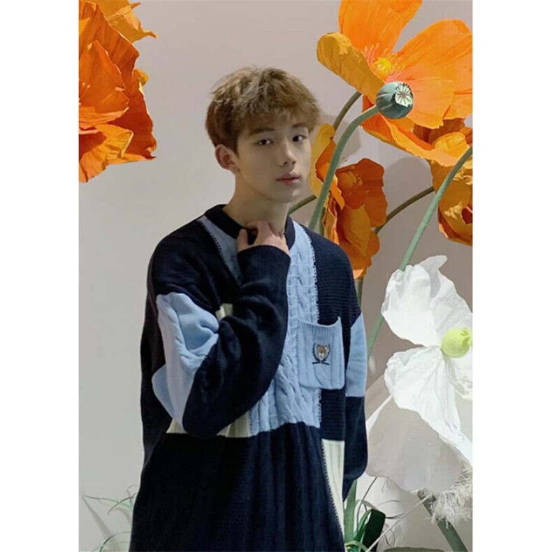 纽花毛衣拼色套头圆领软糯针织衫女男宽松加厚秋冬毛衣MA608，男装针织衫/毛衣，星座1116A（原606A-3）