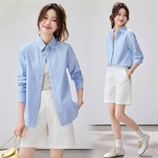 2026春夏新款黄蓝条纹衬衫女宽松显瘦元气少女感衬衣韩系清爽竖条，女装衬衫，艾米