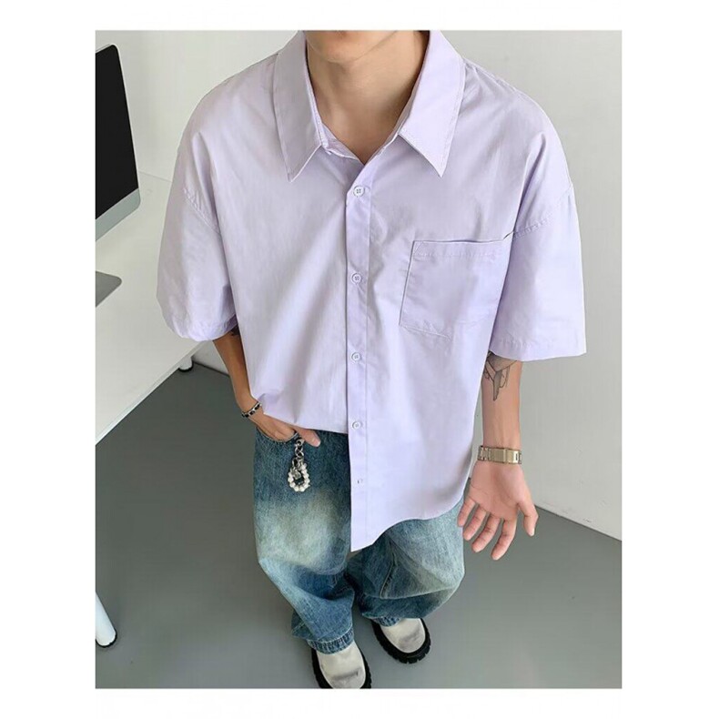 复古衬衫男夏装港风学生宽松小众设计感趣味新款男装上衣外穿,男装衬衫,四季星座505