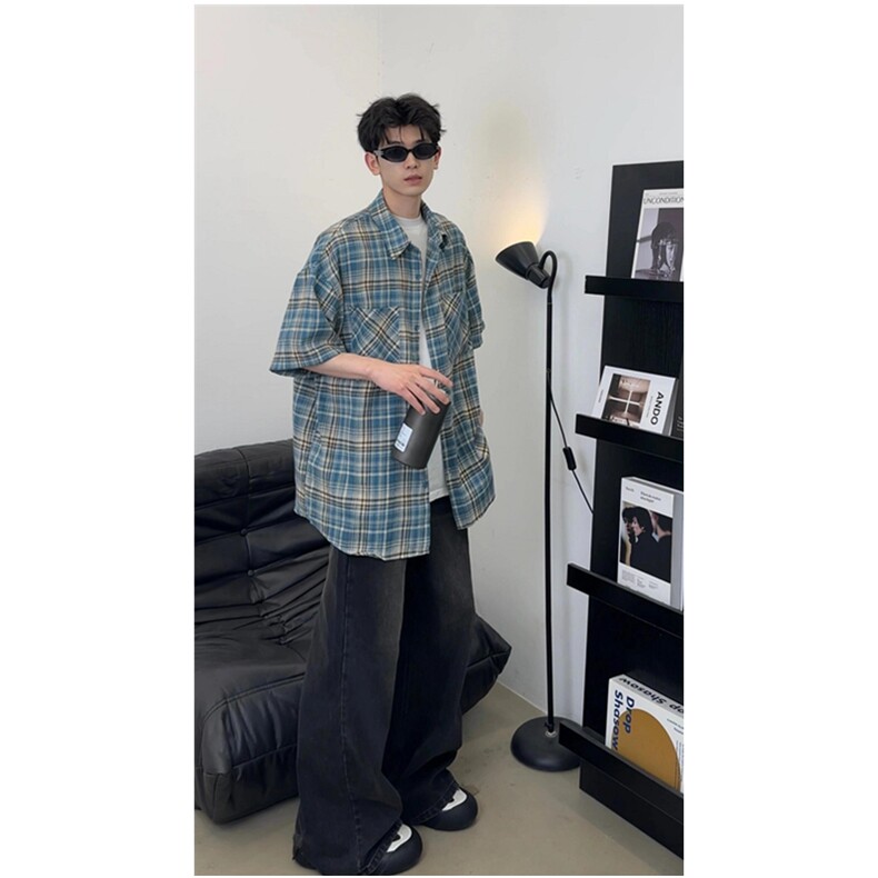 格子衬衫男长袖春秋季复古高街潮牌休闲宽松翻领衬衣C4068,男装衬衫,星座1116A（原606A-3）