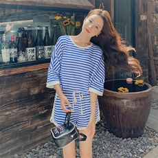 韩版休闲蓝色条纹上衣短裤两件套女2025夏新款宽松运动风减龄套装，女装套装/套裙，2C088