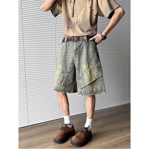 2025新款牛仔短裤做旧五分中裤美式宽松中裤青年现货K8445-P45图片