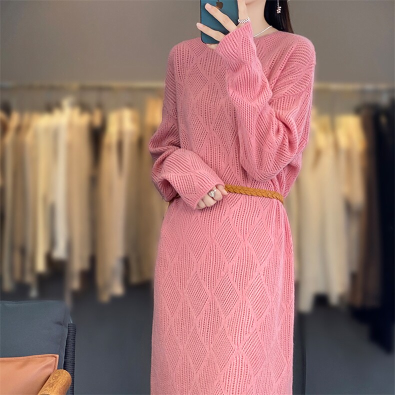 2025秋冬百搭时尚简约长款针织羊毛连衣裙,女装连衣裙,浙麦羊绒