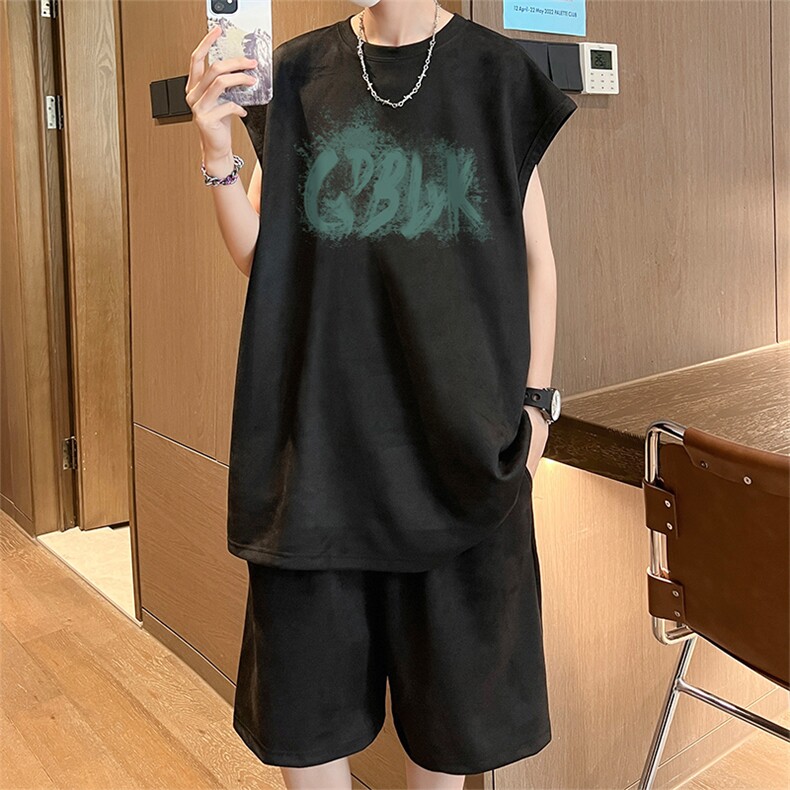 直播美式麂皮绒宽松背心无袖t恤短裤大码两件套套装TZ67-P58,男装T恤,电商A486