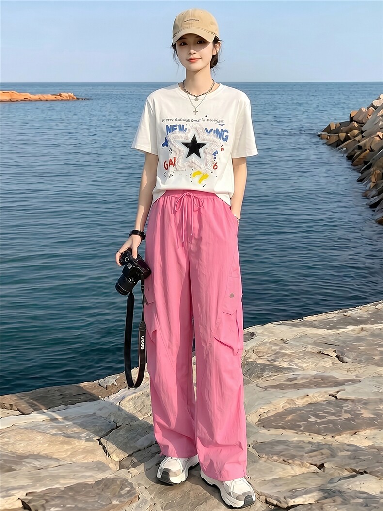 韩版休闲时尚套装女夏款个性简约圆领星星印花上衣工装长裤两件套,女装套装/套裙,江南
