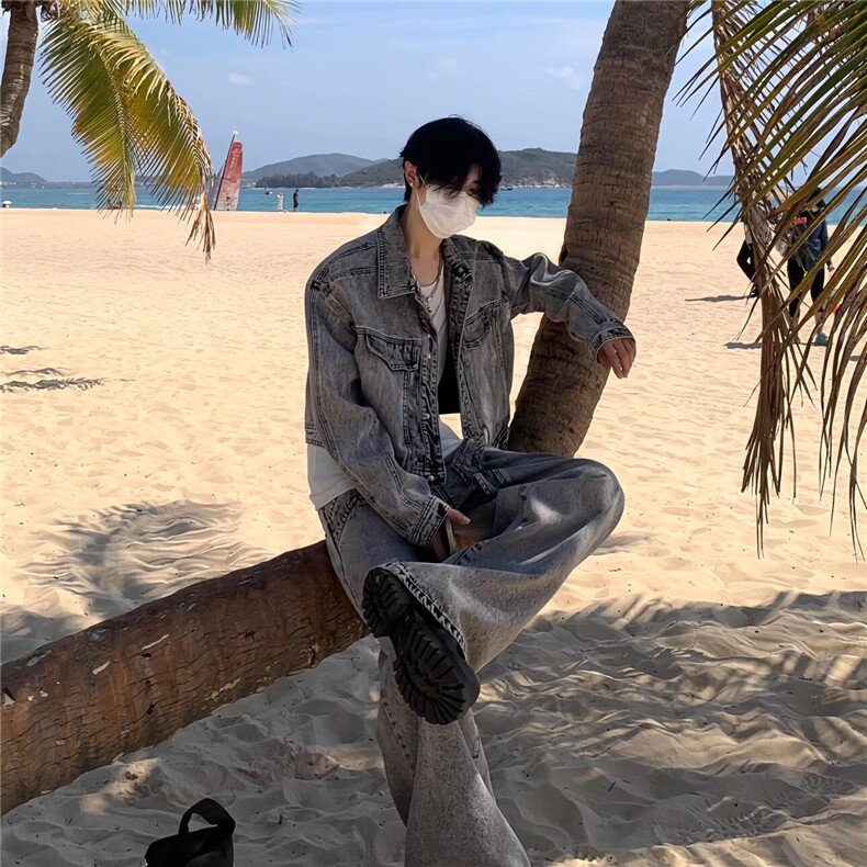 春秋款做旧水洗夹克男2025新款痞帅牛仔外套美式潮牌百搭翻领上衣,男装工装外套,星座1210-1