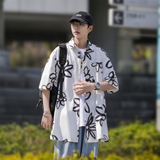 2025夏装花朵印花短袖冰丝衬衫男女潮流衬衣C309P35白，男装T恤，电商C323