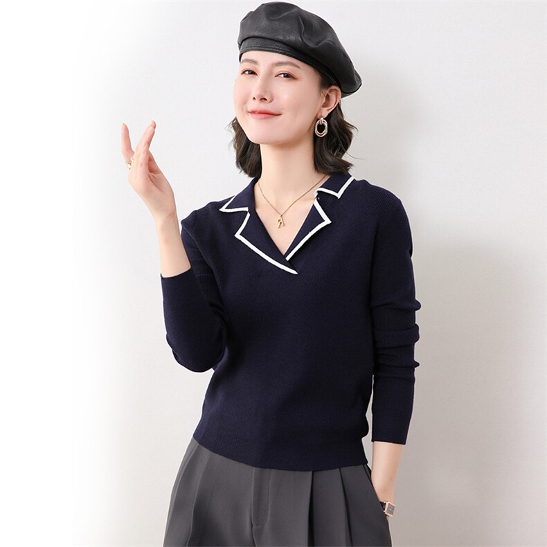 撞色翻领长袖针织衫女薄款2025新款秋季羊毛衫polo领修身套头毛衣图片