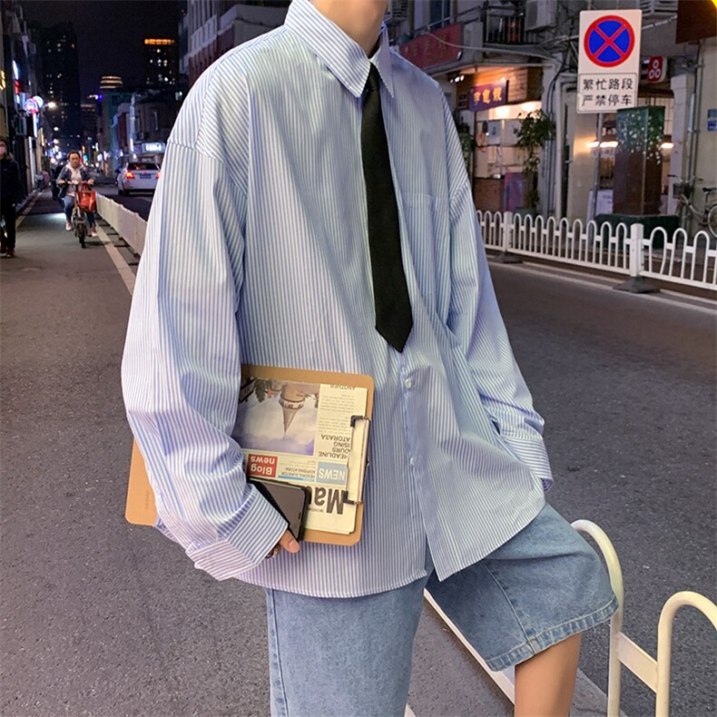 长袖男夏季港风潮流条纹宽松休闲外套潮牌百搭帅气衬衣W1090-P33,男装衬衫,星座512-4