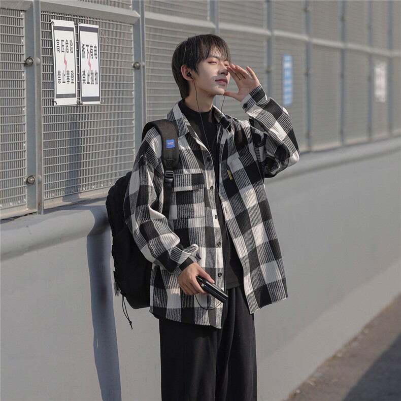 秋冬cityboy格子外套长袖衬衫宽松港风日系衬衣男DX183P6088,男装衬衫,电商B413-1