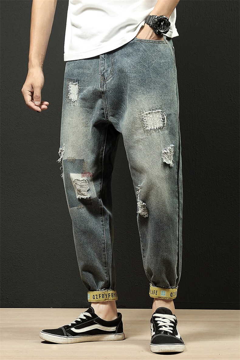 5063-V201秋冬新款日系破洞哈伦牛仔裤加大,男装牛仔裤,星座304A-1