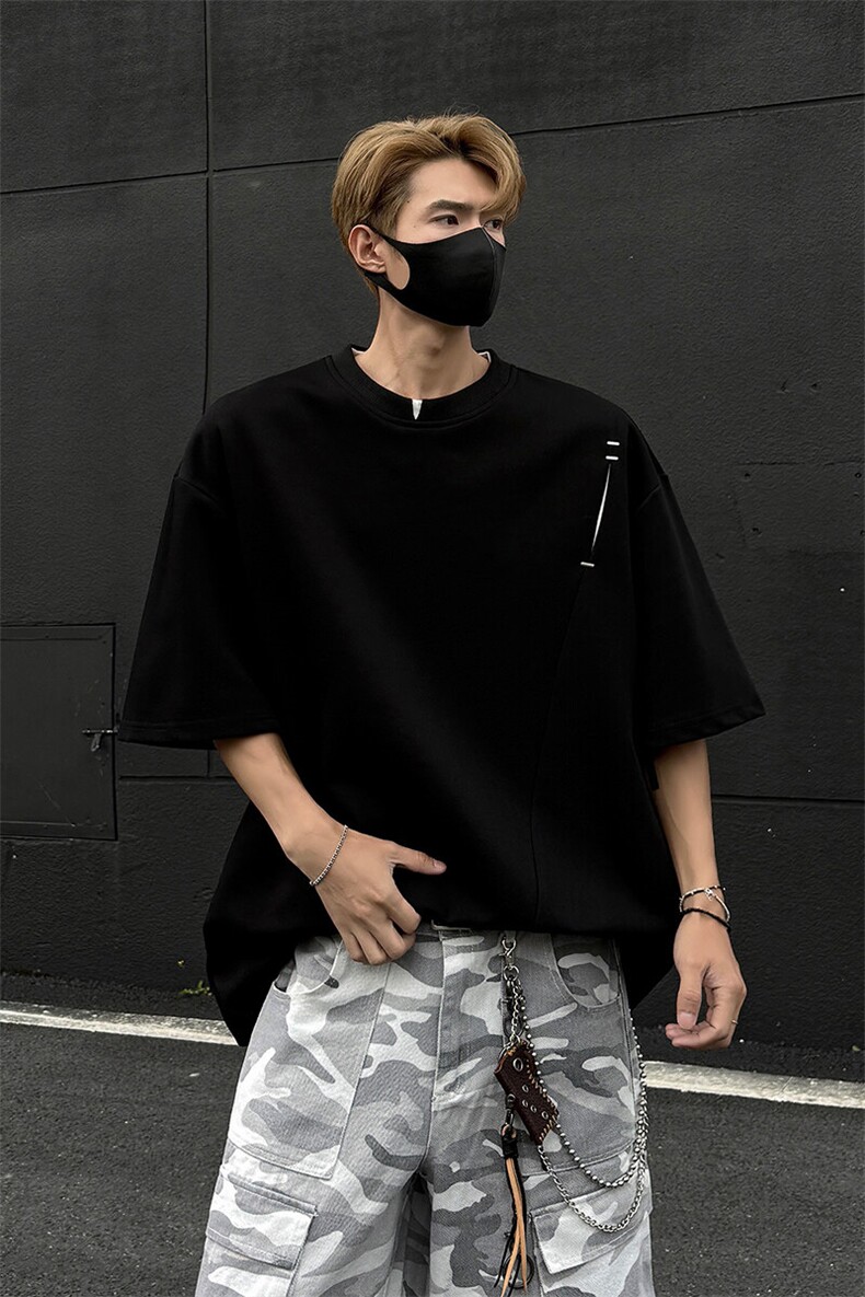 夏季美式宽松高街休闲假两件小V领设计款短袖潮XZ808B-WH061-P48,男装T恤,星座808B
