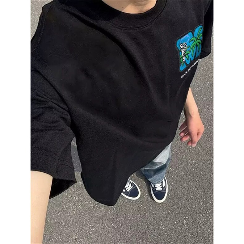 万针全刺绣工艺抖音得物高品质260克重磅纯棉双纱美式高街短袖T恤，男装T恤，电商A486