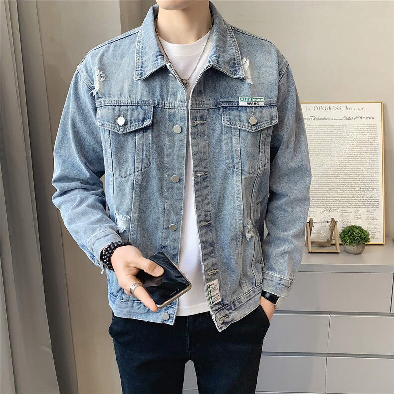 JK820-p90-限价138 现货店主风牛仔夹克肥仔量足破洞印花大码图片