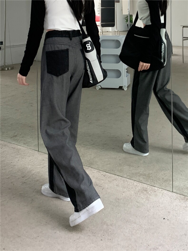 5063-1水洗拼接撞色牛仔裤女高街宽松休闲直筒阔腿裤潮P55,女装牛仔裤,星座309B-2