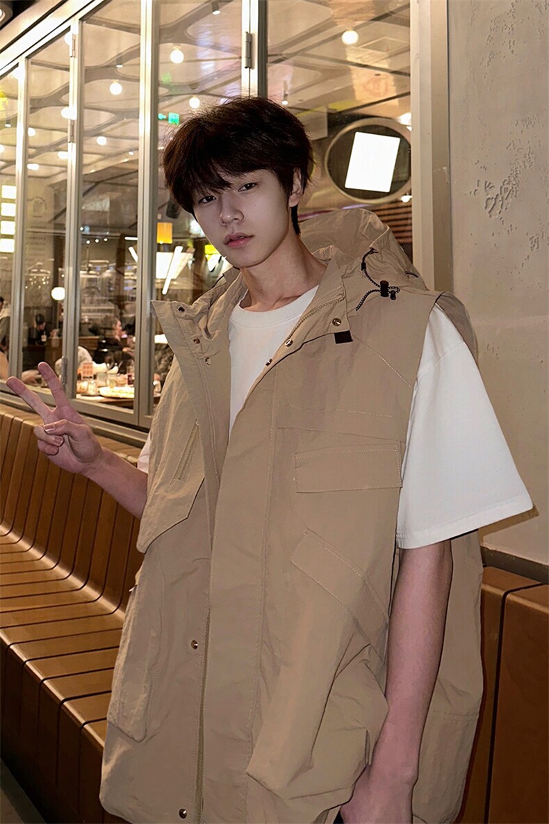 8XL-M四季工装外套街头机能口袋连帽防水无袖马甲坎肩JK1316P78,男装夹克,电商D206-1