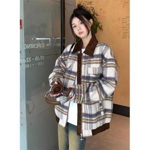 文艺日系气质时尚潮流秋冬复古格子毛呢外套女原宿新款 J221图片
