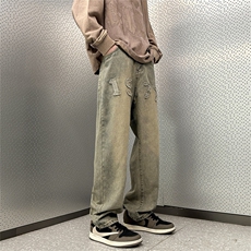 春款刺绣水洗做旧牛仔裤男宽松直筒美式高街长裤子复古N08139-P45，男装牛仔裤，星座308B-1