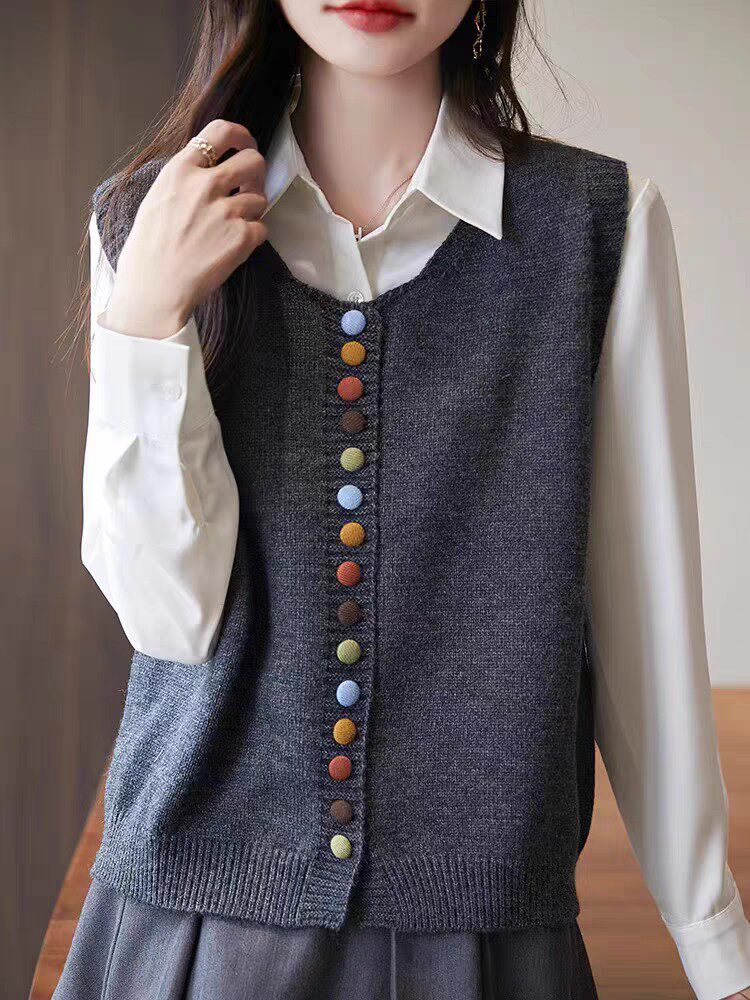 24春秋圆领针织马甲开衫女无袖坎肩宽松外搭彩色扣子开衫马夹外套，女装马甲，昂家羊绒