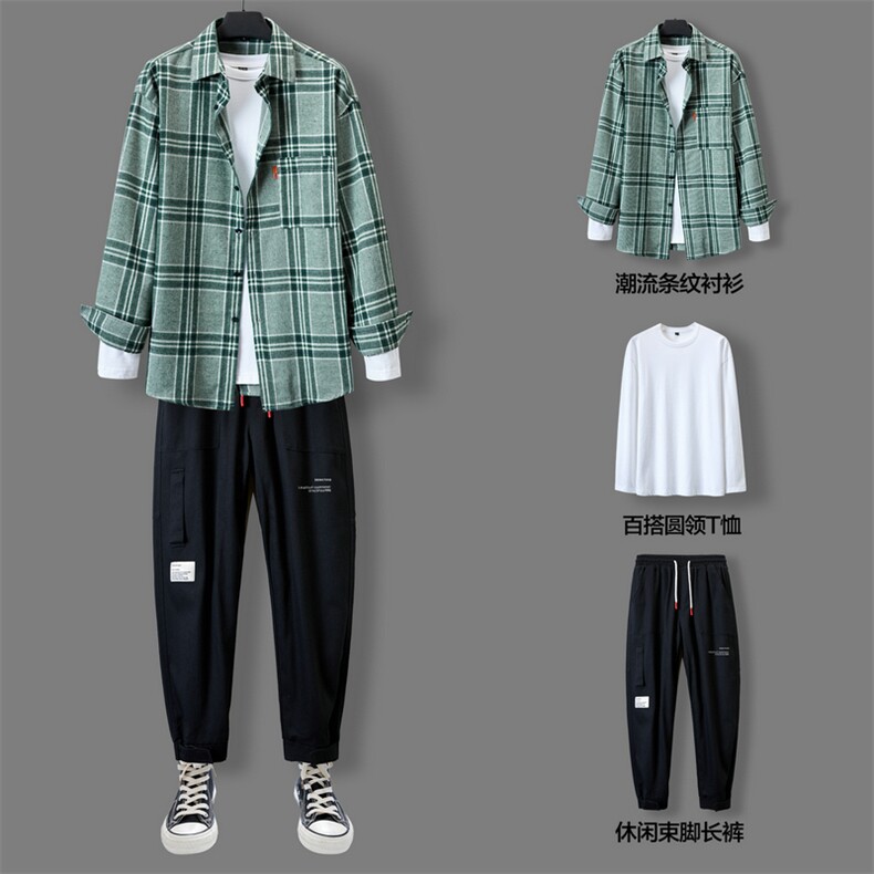 休闲套装男潮牌秋季2021年新款衬衫韩版潮流三件套搭配DF162T,男装衬衫,电商A102