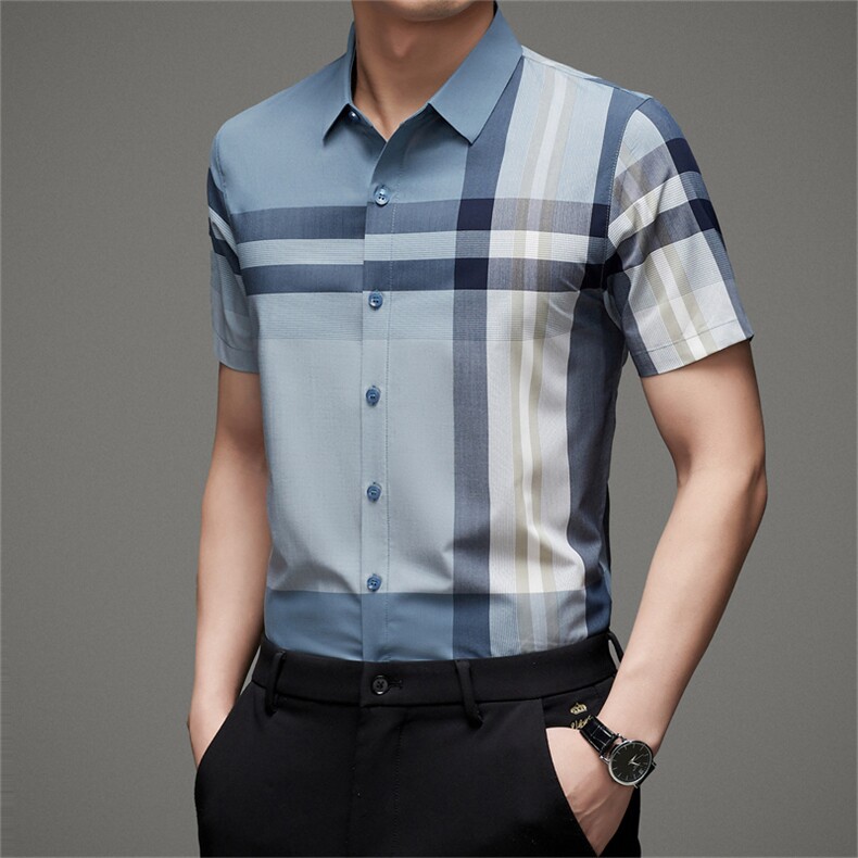 HC103男士2023夏季薄款格子男式短袖衬衫青年休闲免烫修身P62，男装衬衫，电商B360