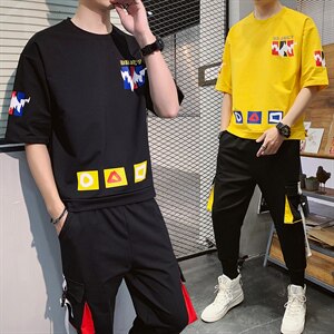 2021夏季男士新款运动休闲短袖套装印花短袖T恤套装男F164P75图片