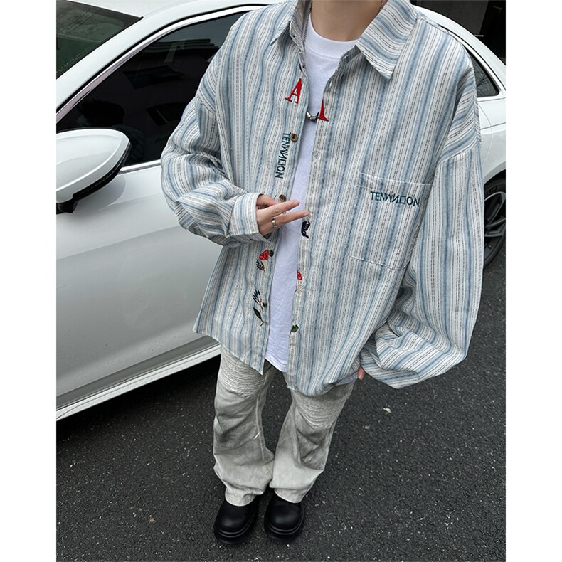 XZ-221-5/C530/P45美式复古条纹文艺感刺绣个性长袖衬衫，男装衬衫，星座221-5