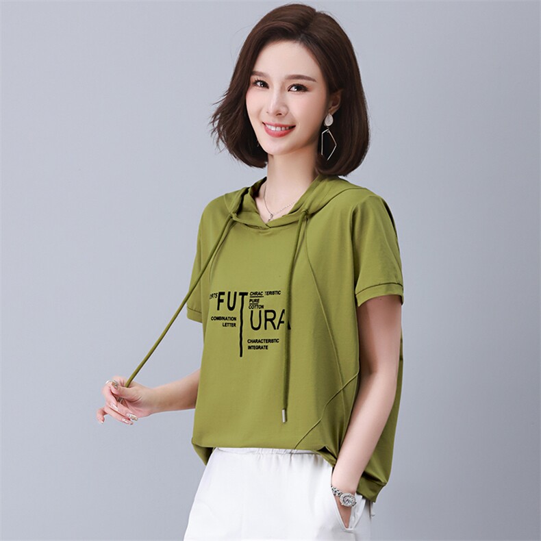 夏装新款韩版大码字母印花连帽套头时髦休闲t恤女短袖,女装T恤,涵誉