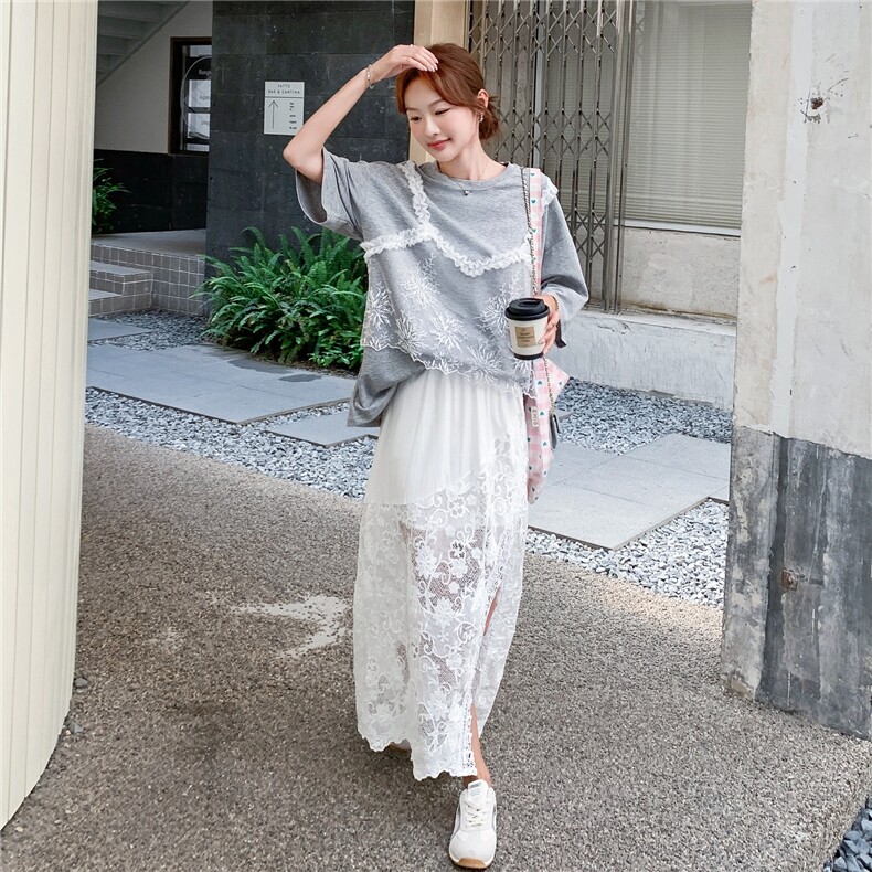 韩版运动休闲显瘦时尚套装女2025年夏季新款蕾丝短袖半身裙两件套,女装套装/套裙,2C275