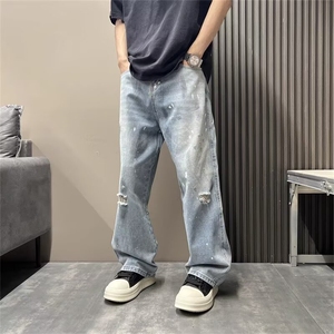 秋季新款破洞泼墨涂鸦复古牛仔裤男士韩版宽松阔腿痞帅直筒拖地裤图片