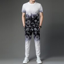 男士休闲百搭套装夏季2023新款圆领短袖t恤运动裤子两件套，男装休闲套装，电商B212（原钱塘6029）