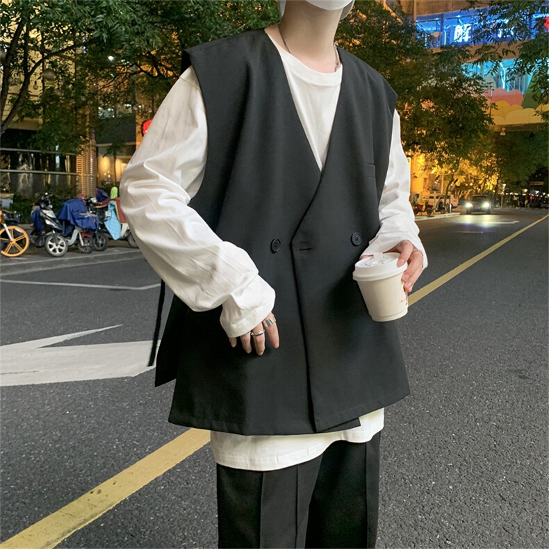夹克马甲男秋dk制服韩版ins痞帅坎肩宽松无袖西服外套 W1659-P38图片