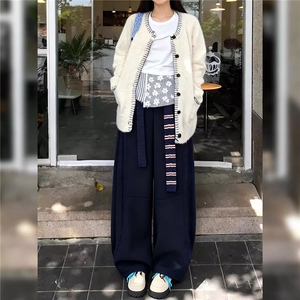 日系简约休闲风藏蓝色加绒卫裤女遮胯显瘦高腰阔腿裤百搭2025冬季图片