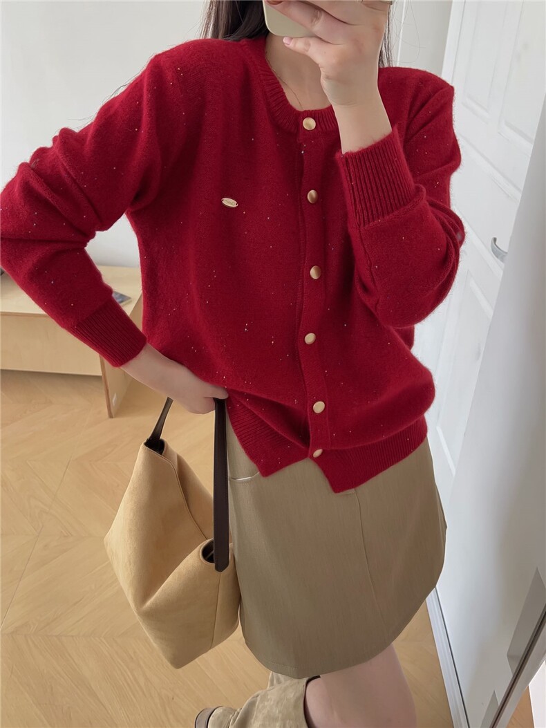 时尚亮片羊毛开衫秋冬必备保暖针织衫显瘦百搭款,女装羊毛衫,暖烁羊绒