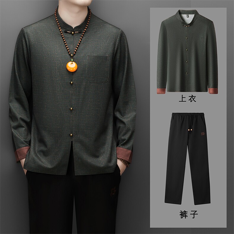 常货2025新款中年无痕风长袖唐装衬衫春秋中老年风爸爸套装，男装休闲套装，钱塘723