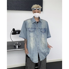 小众复古垫肩牛仔短袖衬衫三杠垫肩设计感水洗牛仔裤CM989，男装牛仔裤，星座1116A-1（原606A）