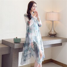 防晒衣女2021新款气质v领薄款雪纺衬衫复古印花中长款空调衫，女装蕾丝衫/雪纺衫，秀美人生