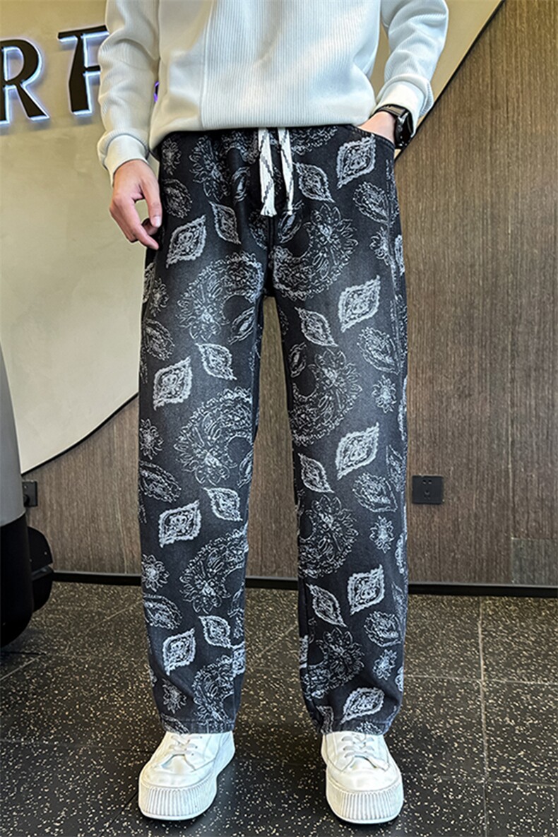 秋冬加绒牛仔裤男士个性树叶印花直筒牛仔弯刀裤潮901N50加绒P68,男装牛仔裤,星座901