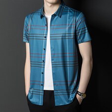 冰丝透气短袖衬衫夏季男士休闲商务中年格子免烫宽松时尚衬衣男装，男装衬衫，电商B212（原钱塘6029）