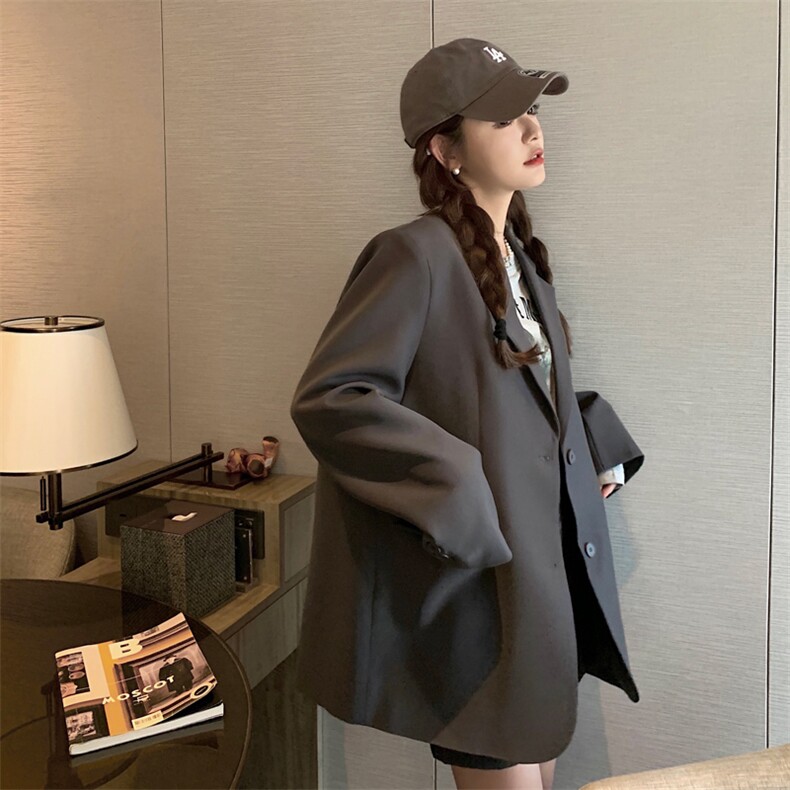 灰色后开叉小众设计感西装外套女2023春秋新款韩系小个子宽松西服,女装西装,菡迪欧娜