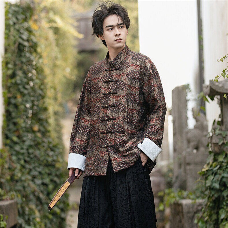 新品新中式风麻衬衫海水江崖烫金印花铜扣盘扣立领长袖唐装P75，男装衬衫，星座305A（原312A-1）