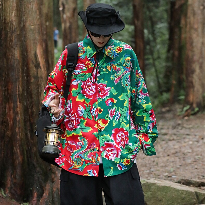 PC203男士休闲东北大花拼接长袖衬衫外套男女宽松寸衣汉服演出服,男装衬衫,星座115A(原星座507）