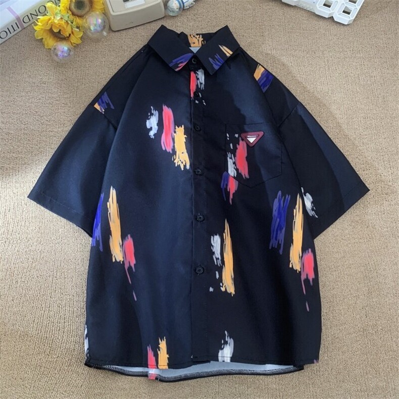 XZ-230-1CS505夏新款平铺简约轻奢风水墨涂鸦休闲短袖衬衫P45控58，男装衬衫，星座230-1