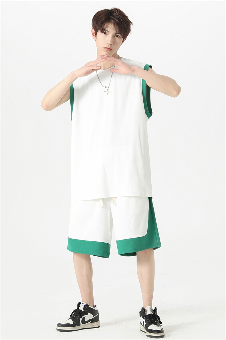夏季新款青少年大码港风背心五分裤两件套冰丝休闲运动套装S03P48,男装休闲套装,电商B226
