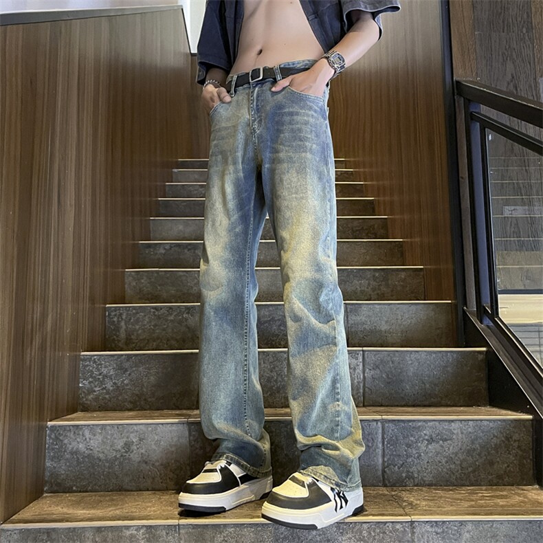 夏男牛仔裤微喇叭渐变色复古宽松直筒长裤NK988P40,男装牛仔裤,星座1013-1