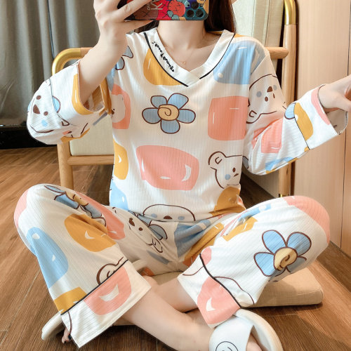 睡衣女秋季V领可爱家居服两件套装可外穿,居家内衣睡衣套装,潮品会